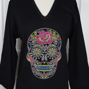 Hand Embellished Rhinestones and Colorful Studs Rose Sugar Skull Short & 3/4 Sleeve Top Available Sizes Small Up To Size 3X
