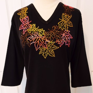 Autumn Thanksgiving Multi-Colored Maple Leaves Top Hand Embellished in Autumn Colors With Beautiful Rhinestones Sizes Small Up To Size 3X