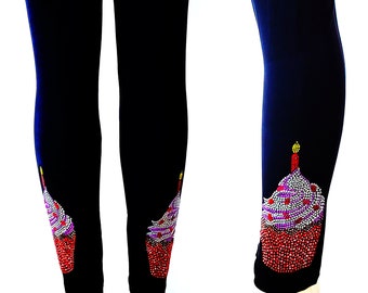 Plus Size Full Length Leggings Embellished Rhinestone Multi-Colored Birthday Cupcake Candle Design