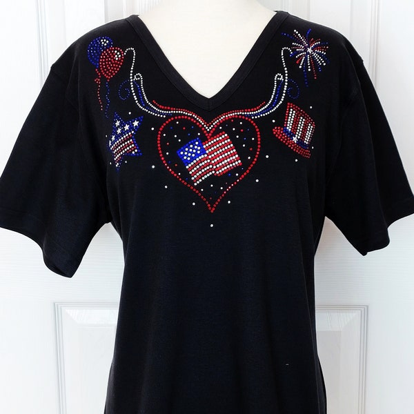 Embellished All Rhinestone Patriotic Memorial Day New Years Labor Day July 4th Voting 3/4 or Short Sleeve Top Sizes Small Up To Size 3X