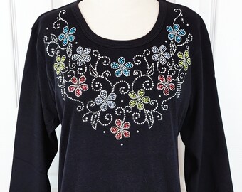 Hand Embellished All Rhinestone Spring Floral of Pinks Lavender Green Blues & Crystal Swirls 3/4 or Short Sleeve Top Small Up To Size 3X