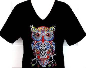 Embellished Multi-Colored All Rhinestone Large Owl 3/4 or Short Sleeve V-Neck Knit Top Available Sizes Small Up To Size 3X