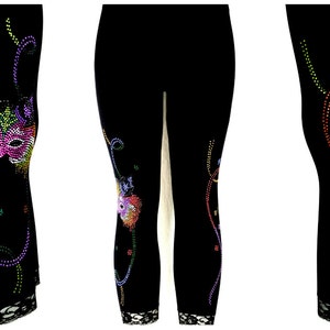 Plus Size Capri Length Leggings Embellished Rhinestone Mardi Gras Cat Mask & Streamers Design
