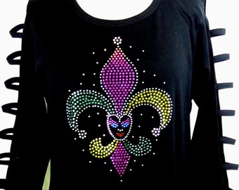 SALE GROßE SCHWARZE TUNIKA Hand verschönert Leiter Ärmel Strass verschönert Mardi Gras Jester Fleur Knit Top 78