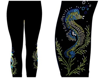 Regular Size Full Length Leggings Embellished All Rhinestone Shimmering Seahorse Design