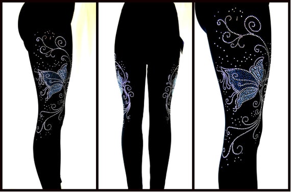 Plus Size Full Length Leggings Embellished Rhinestone Blue Crystal Butterfly Swirl Design