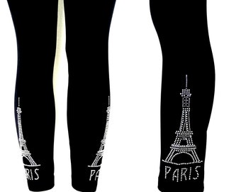 Plus Size Full Length Leggings Embellished Crystal Clear Rhinestone Eiffel Tower Paris Design