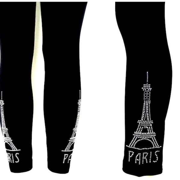 Plus Size Full Length Leggings Embellished Crystal Clear Rhinestone Eiffel Tower Paris Design