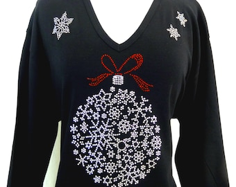 Hand Embellished All Rhinestone Christmas Snowflake Ornament Design Quality Knit 3/4 Sleeve Top Sizes Small Thru 3X