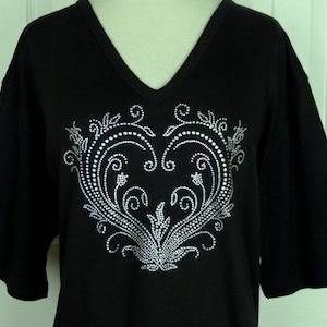Hand Embellished Crystal Rhinestone Valentine's Garden Heart Design 3/4 or Short Sleeve V-Neck Knit Top Available Sizes Small Up To Size 3X