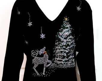 Hand Embellished Rhinestone Large Christmas Tree Reindeer Snowflakes Knit Top Sizes Small Up To Size 3X