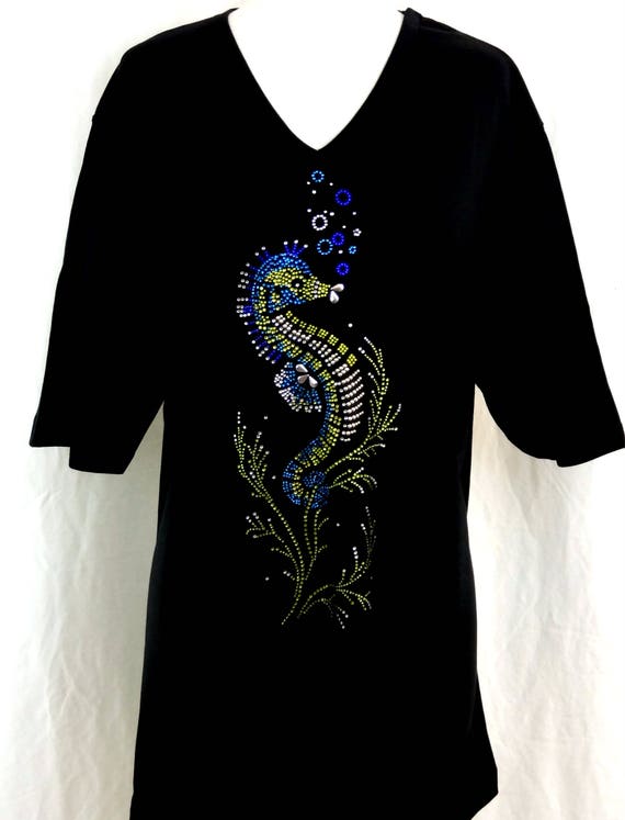 Regular Size Full Length Leggings Embellished All Rhinestone Shimmering Seahorse Design