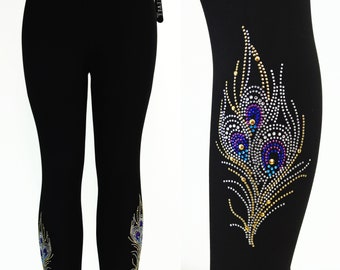 Regular Size Full Length Leggings Embellished Rhinestone & Shiny Stud Peacock Feathers