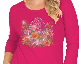 Happy Easter Decorated Egg With Stunning Floral Rhinestone Embellished Top Short or 3/4 Sleeve Round or V-Neck Sizes Small Up To Size 3X