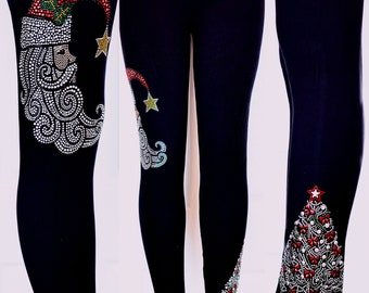 Plus Size Full Length Leggings Embellished All Rhinestone Moon Shaped Santa With Red Hat & Gold Star With Silver Christmas Tree Design