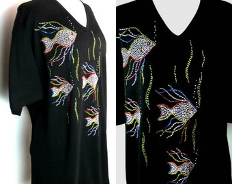 Hand Embellished All Rhinestone School of Angel Fish 3/4 or Short Sleeve V-Neck Knit Top Available Sizes Small Up To Size 3X