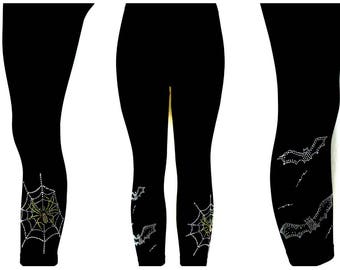 Plus Size Black Full Length Leggings Embellished All Rhinestone Spider In Web and Bats Design