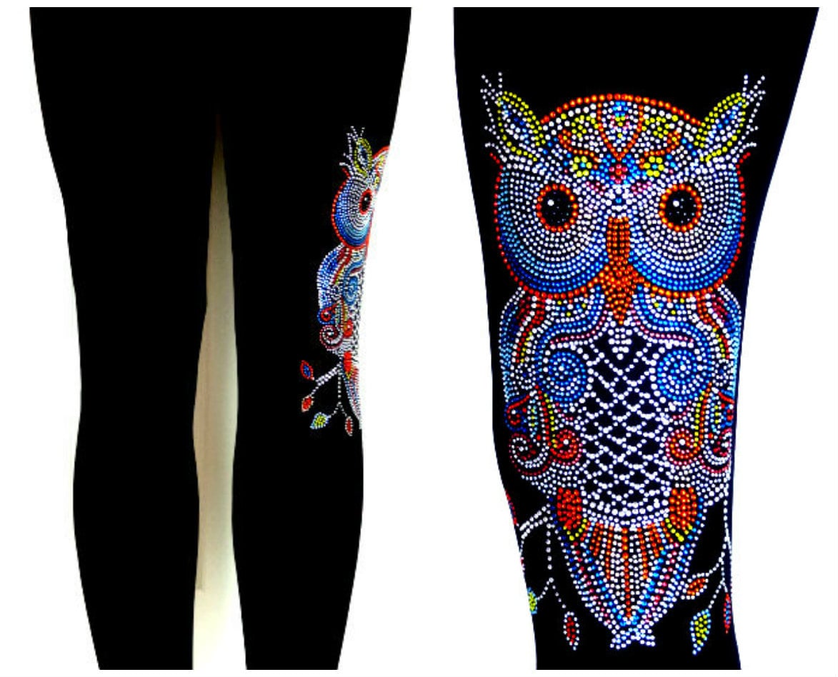 Plus Size Capri Length Leggings Embellished All Rhinestone Colorful Owl Design