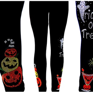 Halloween Party Leggings Regular One Size Full Length Embellished Rhinestone Pumpkins Bat Ghost Spider Trick or Treat Cocktail Design