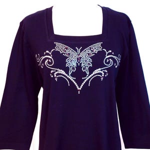 Hand Embellished Purple & Crystal Rhinestone With Silver Stud Accents Butterfly Swirl 3/4 Sleeve Square Neck Top Sizes Small To Size 3X