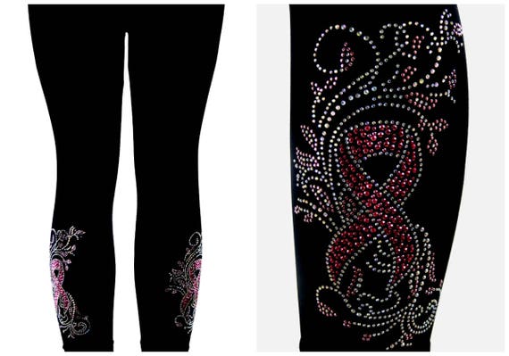PLUS SIZE CAPRI LENGTH LEGGINGS EMBELLISHED RHINESTONE CRYSTAL BUTTERFLY FLORAL
