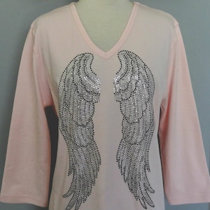 SALE Large Light Pink Hand Embellished Black & Crystal Angel Wings 3/4 Sleeve V-Neck Knit Top #113