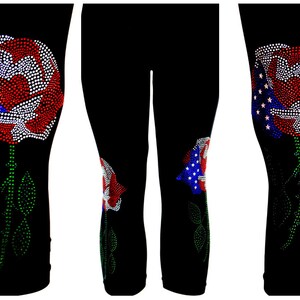 May include: Black leggings with a red, white, and blue rhinestone rose design on the legs.