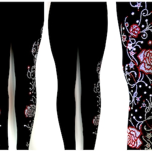 Plus Size Full Length Leggings Embellished Rhinestone Trailing Red & Crystal Roses and Vines Design