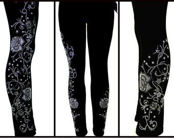 Regular Size Full Length Leggings Embellished Rhinestone Trailing Silver Gray Roses and Vines Design