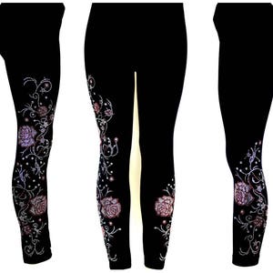 Plus Size Full Length Leggings Embellished Rhinestone Trailing Pink & Crystal Roses and Vines Design