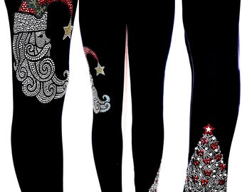 Regular Size Full Length Leggings Embellished All Rhinestone Moon Shaped Santa With Red Hat & Gold Star With Silver Christmas Tree Design