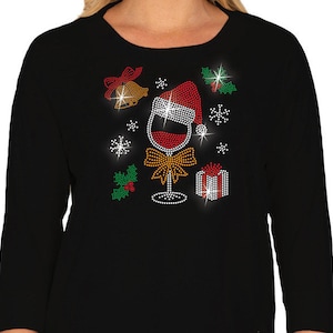 Met de hand verfraaid strass kerstmuts wijncocktailglas met kerstelementen 3/4 mouw scoop of v-hals top maten klein tot maat 3x