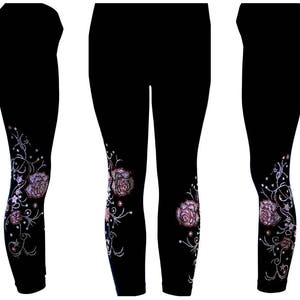 Regular Size Capri Length Leggings Embellished Rhinestone Trailing Pink & Crystal Roses and Vines Design
