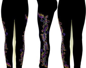 Regular Size Full Length Yoga Leggings Embellished Rhinestone and Shiny Stud Party Mardi Gras Leaves Design