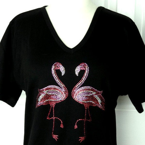 All Rhinestone Embellished Shimmering Large Pink Flamingo's Short or 3/4 Sleeve Knit Top Available Sizes Small Up To Size 3X