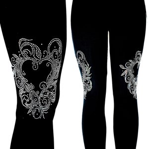 Regular Size Full Length Leggings Valentines Day Wedding Swirling Iridescent AB & Crystal Rhinestone Heart One Thigh or Both Thighs