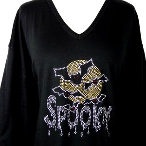 Halloween Spooky Top Bats & Glowing Moon Hand Embellished Rhinestone Design 3/4 Sleeve V-Neck Knit Top Available Sizes Small Up To Size 3X