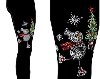 Regular Size Full Length Leggings All Rhinestone Embellished Ice Skating Snowman With Christmas Tree Design