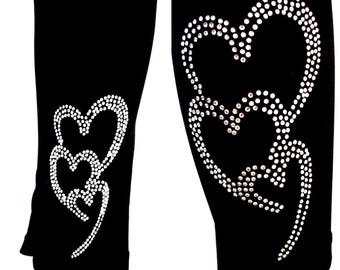 Regular Size Full Length Leggings Embellished Rhinestone Trio Of Hearts Design