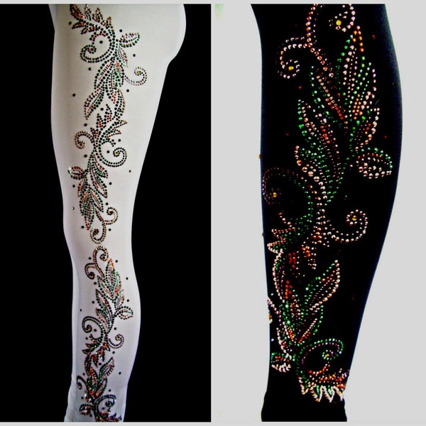 Regular Size Leggings Embellished Rhinestone & Stud Multi-Colored Leaves Embellished on One Leg Design