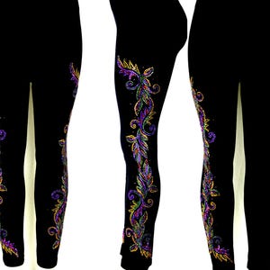 Plus Size Full Length Yoga Leggings Embellished Rhinestone and Shiny Stud Party Mardi Gras Leaves Design