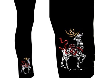 Regular Size Full Length Leggings Embellished Rhinestone and Stud Holiday Reindeer Design