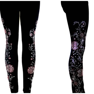 Plus Size Full Length Leggings Embellished Rhinestone Trailing Pink & Crystal Roses and Vines Design