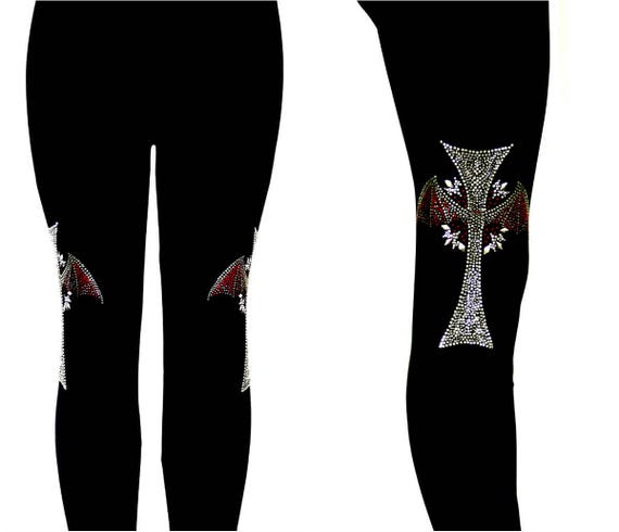 Plus Size Capri Length Leggings Embellished Rhinestone and Silver Stud  Halloween Gothic Red Bat Winged Cross Design 