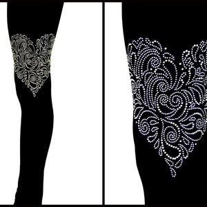 Leggings de longitud completa de tamaño regular adornados en ambos muslos Aurora Borialis Iridescente AB Rhinestone Heart