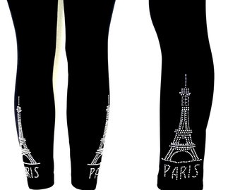 Regular Size Capri Length Leggings Embellished Crystal Clear Rhinestone Eiffel Tower Paris Design