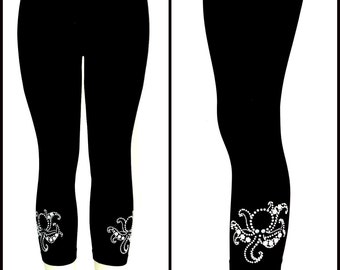 Regular Size Capri Length Leggings Embellished Rhinestone Pearly Octopus Design