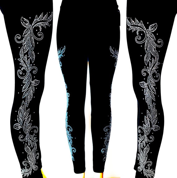Plus Size Full Length Leggings Embellished Rhinestone Silver Mardi Gras  Leaves Design Both Legs 