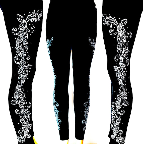 Plus Size Full Length Leggings Embellished Rhinestone Silver Mardi Gras  Leaves Design Both Legs 