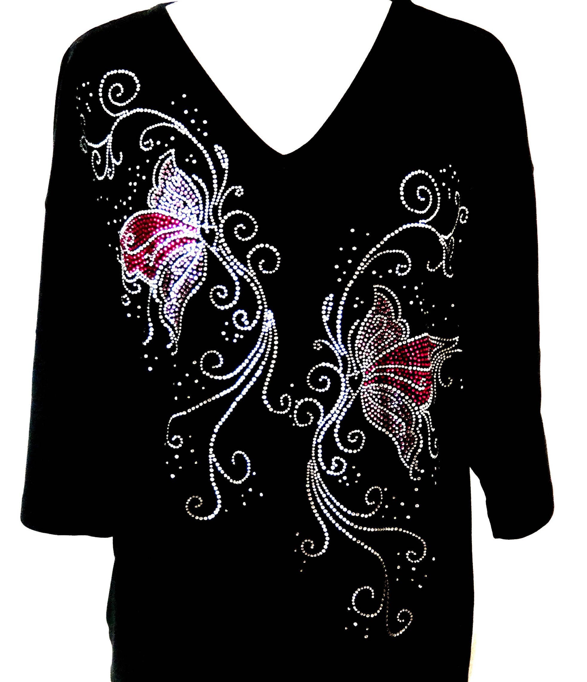Hand Embellished All Rhinestone Pink or Blue Butterfly Swirl Knit Top Short or 3/4 Sleeve Available Sizes Small Up To Size 3X